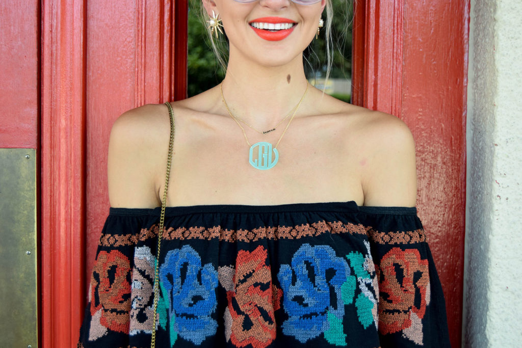 vandi-fair-blog-lauren-vandiver-dallas-texas-fashion-blogger-free-people-to-the-left-embroidered-off-the-shoulder-top-baublebar-extra-large-acrylic-block-monogram-necklace