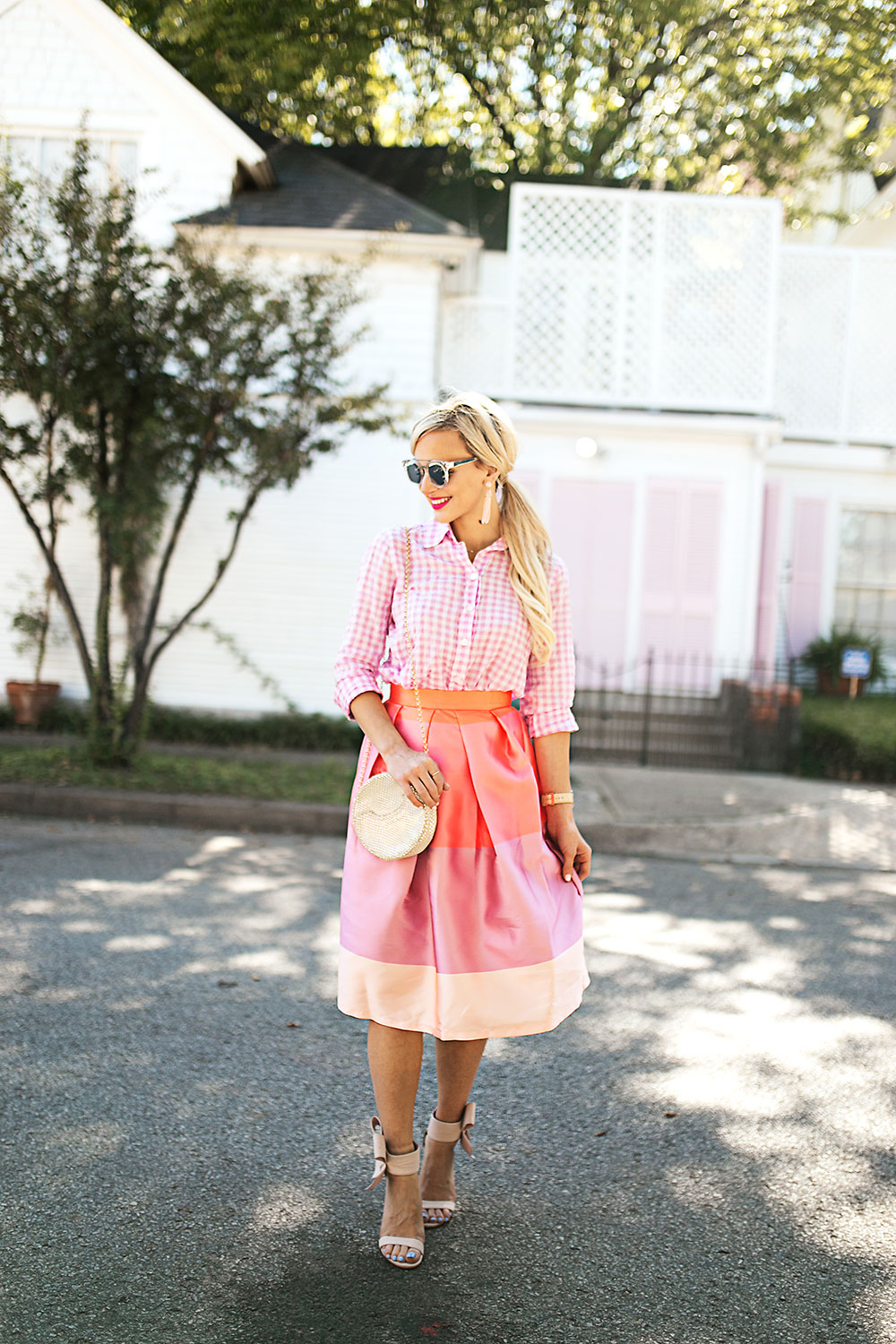 Pink And Coral Pleated Color Block Striped Midi Skirt