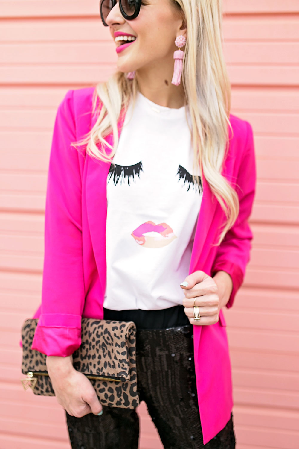 Hot Pink Blazer & Black Sequin Pants Outfit