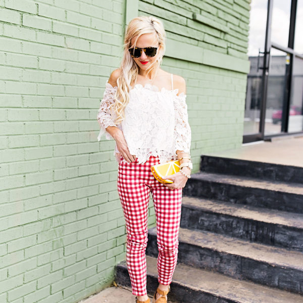 white-lace-top-and-red-and-white-gingham-pants-outfit
