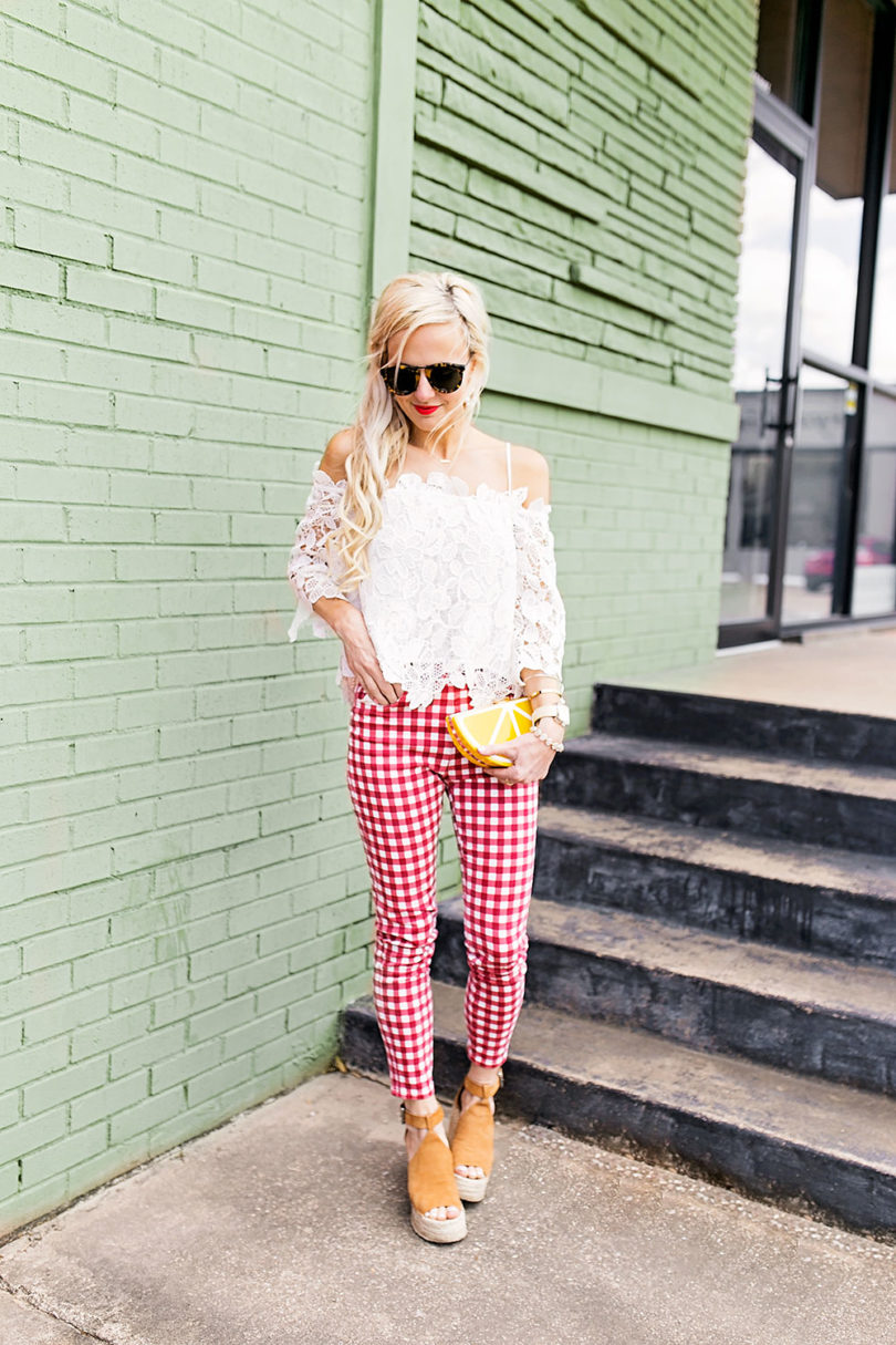 white-lace-top-and-red-and-white-gingham-pants-outfit