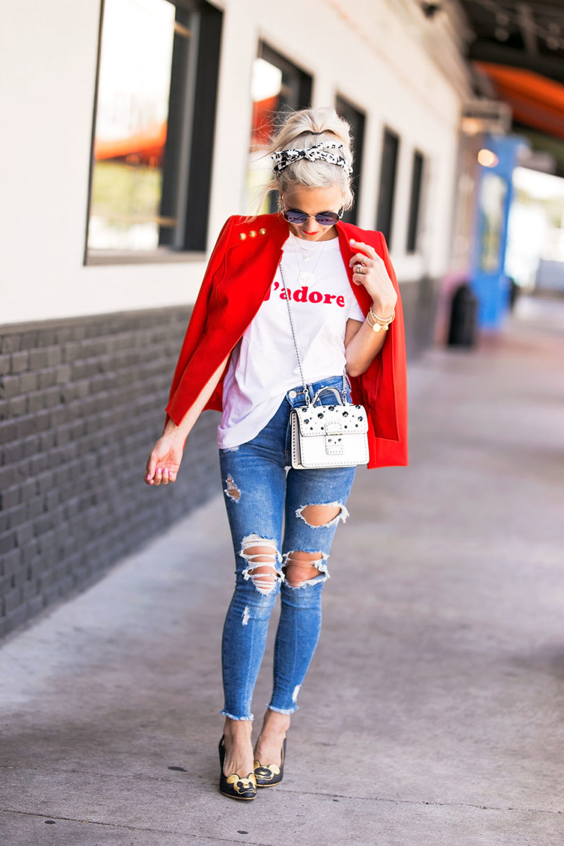 red blazer with jeans
