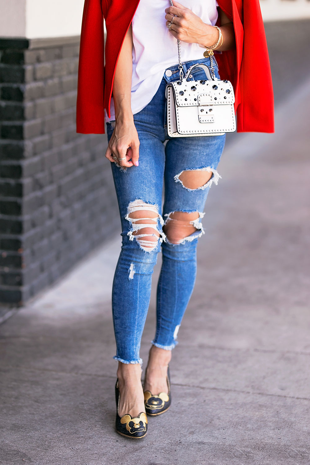 red blazer with jeans
