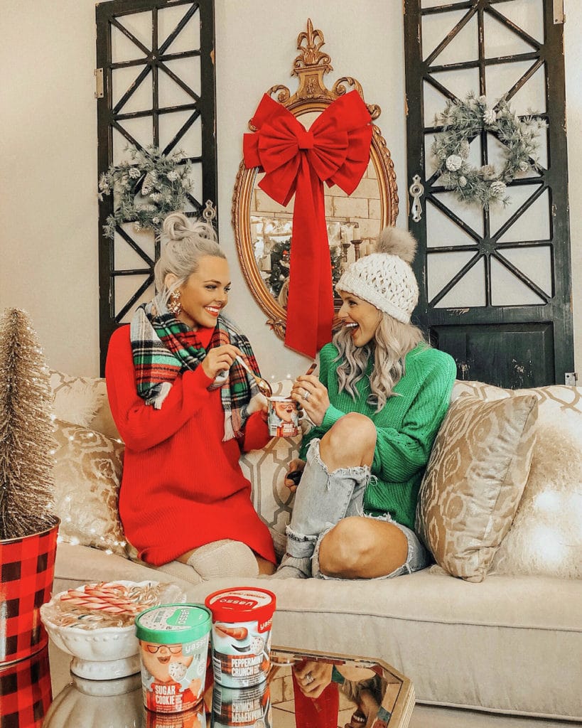 family christmas photo - red sweater dress - green sweater - holiday outfit ideas