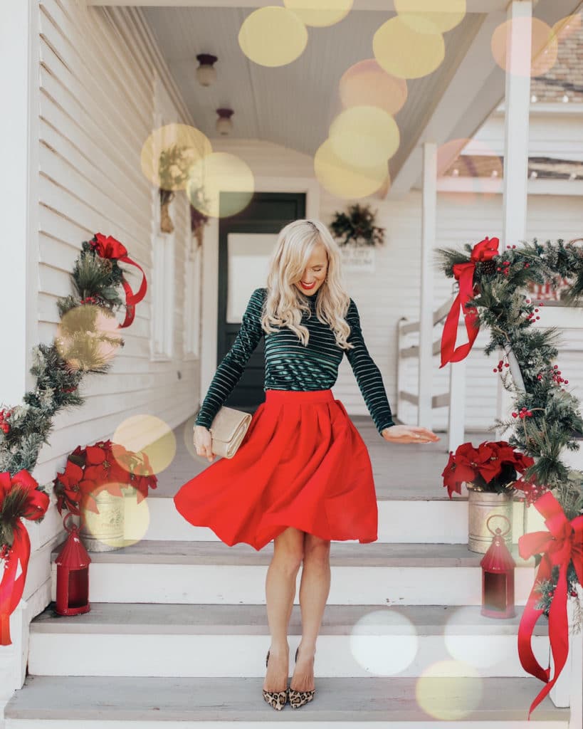 holiday outfit idea - red full skirt - green velvet top - dallas blogger