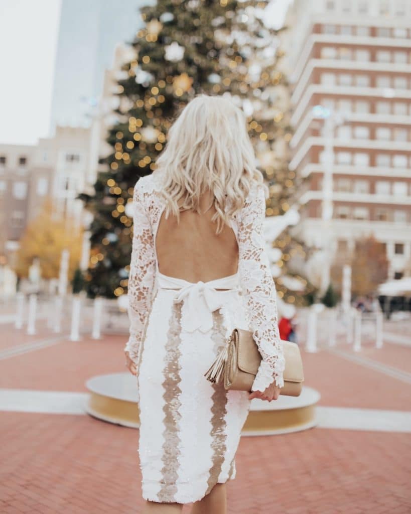 christmas photos - white and gold sequin skirt - holiday outfit idea