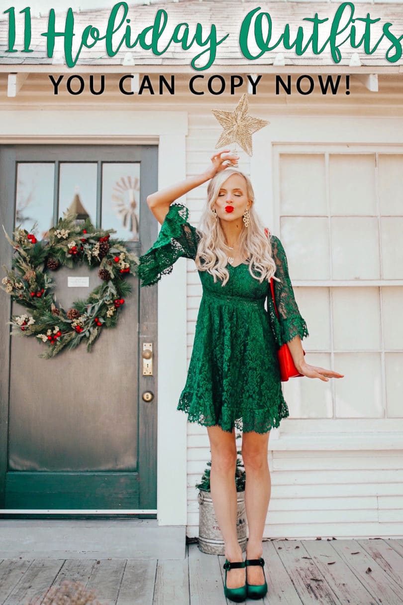 11 holiday outfit ideas you can copy now - green lace dress - holiday party outfits