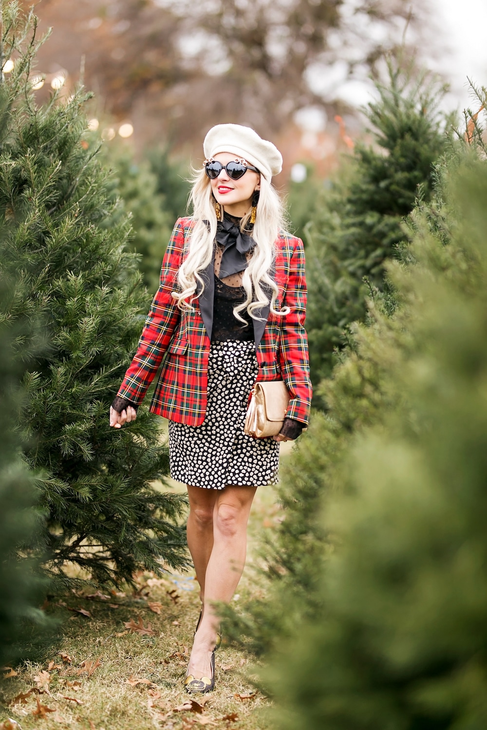 red plaid blazer womens - holiday outfit ideas for women - christmas tree farm photos