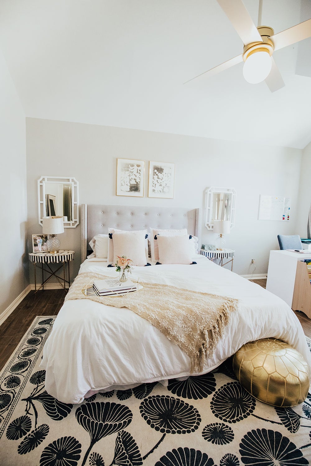farmhouse master bedroom ideas - black, cream, gray and gold bedroom decor