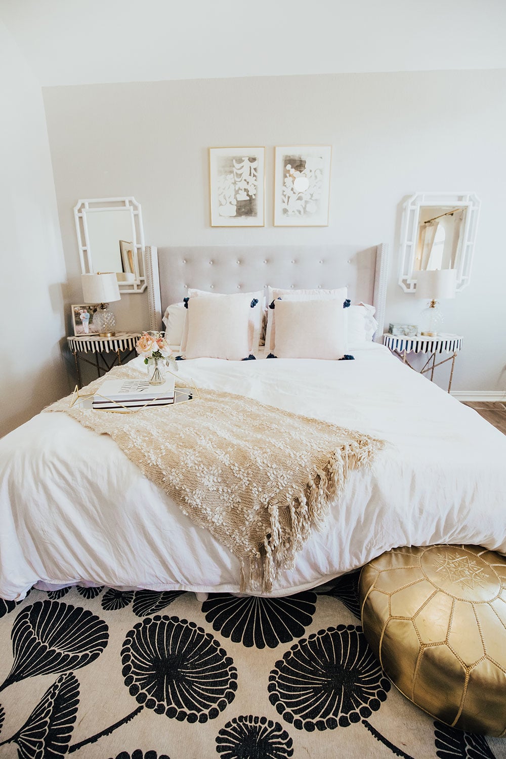 white bedding - light pink pillows - farmhouse master bedroom decor