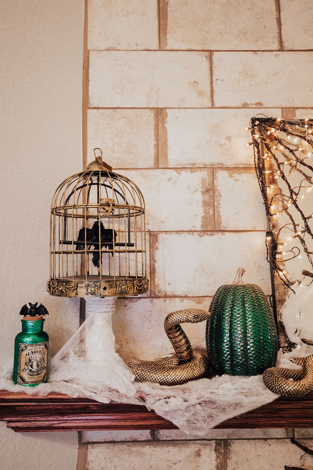 green pumpkin - gold slytherin snake - harry potter halloween decor mantle halloween decor 