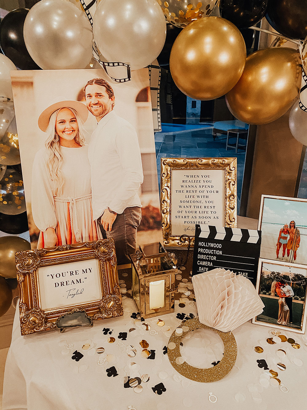 engagement party decor - gold and black