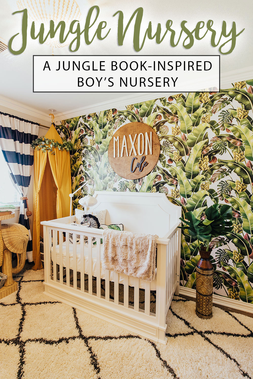 baby boy room theme - jungle nursery - palm leaf wallpaper