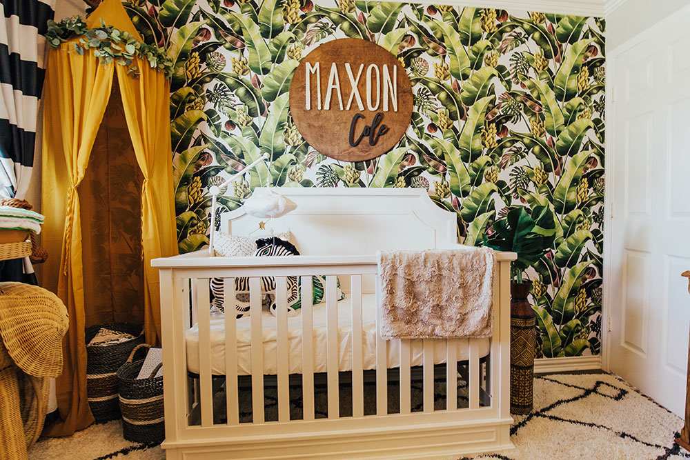 baby boy jungle nursery - palm print wallpaper